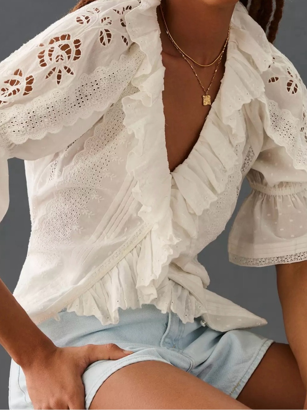 Anthropologie White Ruffled Eyelet Wrap Blouse